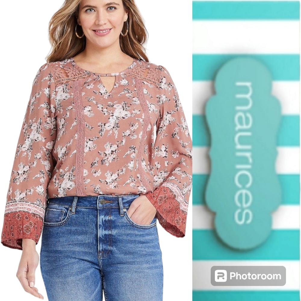 New Maurices Keyhole Floral Tunic Lace Detailing Back Pleats Bell 3/4 Sleeves M
